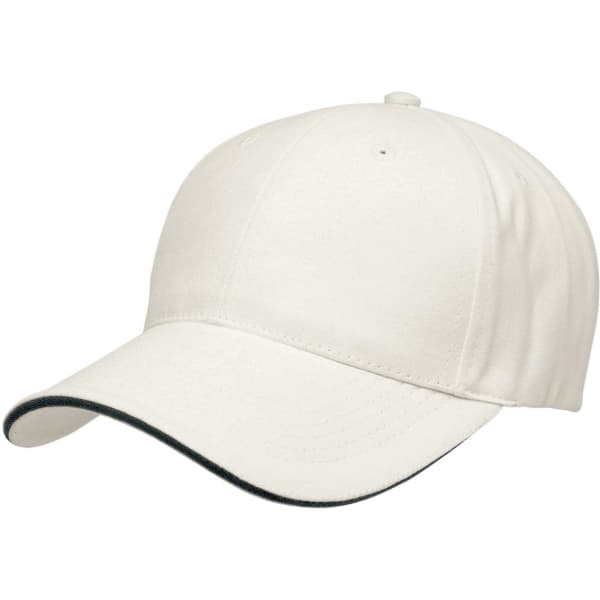 A white cap with a soft peak and a contrasting dark underbrim, featuring a logo on the front.