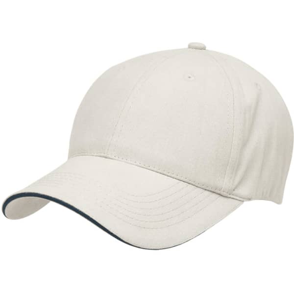 A cream-coloured cap with a dark trim and a rounded peak, featuring a logo on the front.