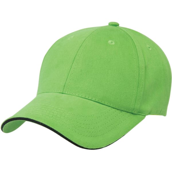 A green cap with a soft sandwich peak and a contrasting trim, featuring a logo on the front.