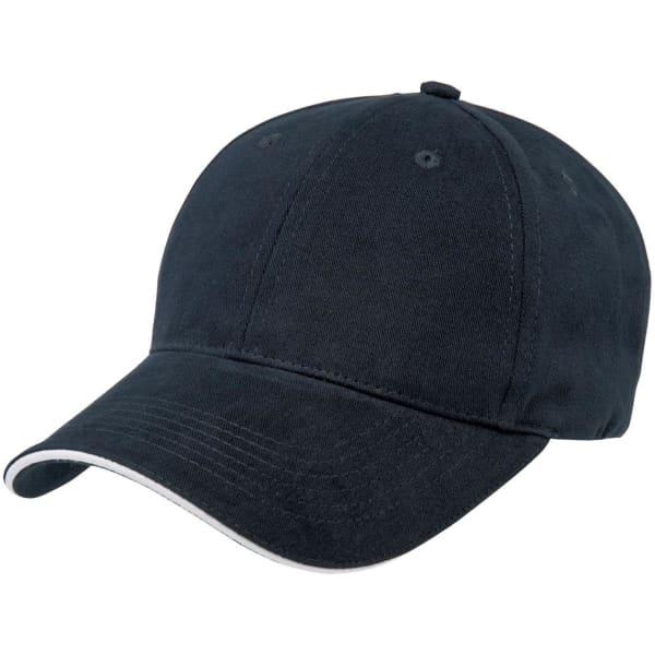 A black premium soft sandwich peak cap with a contrasting white trim and a branded logo.