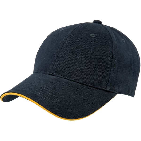 A dark green cap with a yellow brim, featuring a structured design and an adjustable strap at the back.
