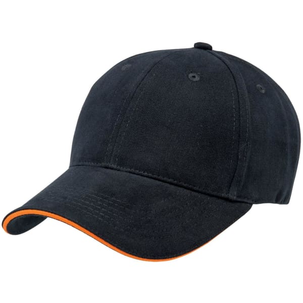 A black cap with an orange peak and detailing. It features stitching and ventilation holes.