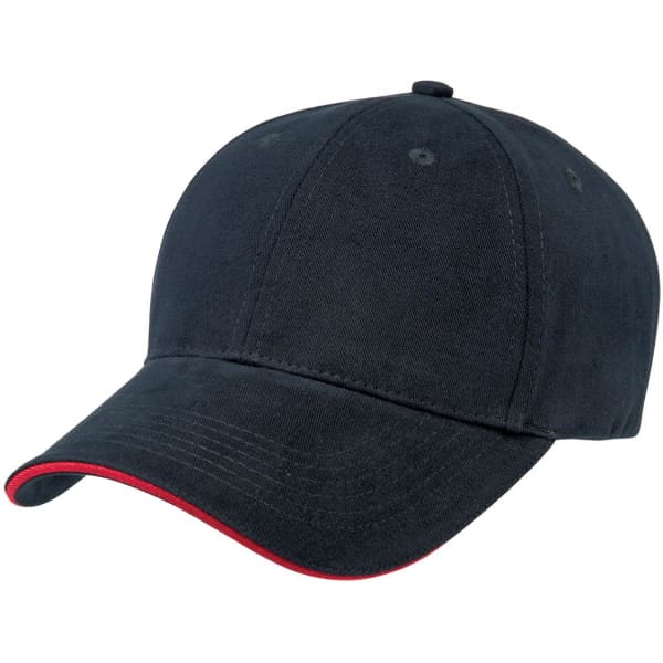 A navy blue cap with a red peak and a logo on the front. Suitable headwear for casual use.