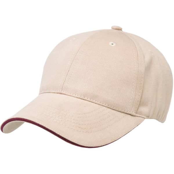A beige cap with a maroon peak and an adjustable strap at the back. It features ventilation eyelets and a logo.