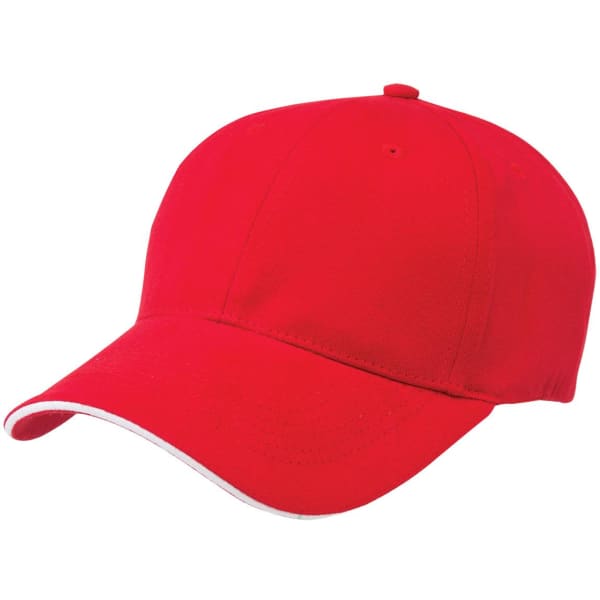 A red cap with a peak and contrasting trim. The cap features a logo on the front.