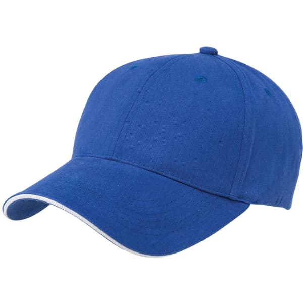 A blue cap with a soft sandwich peak and a contrasting trim. It features a logo on the front.