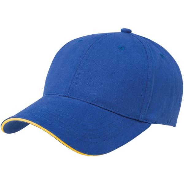 A blue cap with a soft sandwich peak and yellow trim, featuring a logo on the front.