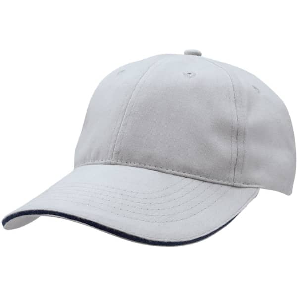 A grey cap with a soft sandwich peak and an adjustable strap on the back. It features a logo on the side.