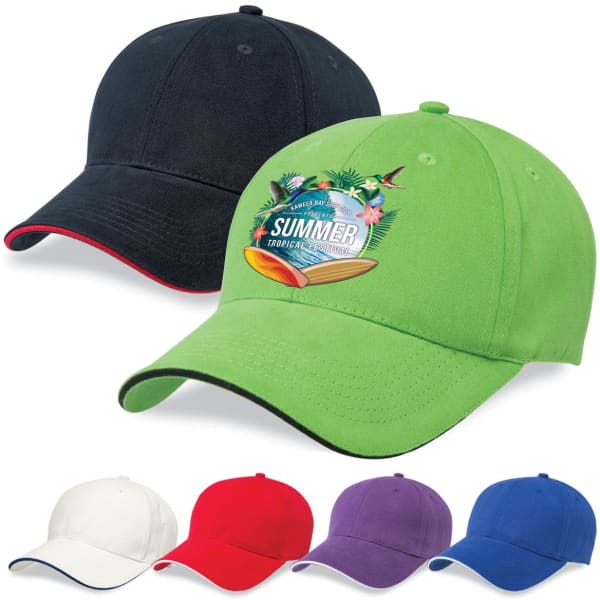 A collection of six caps in various colours, featuring a cap with a green front and one with a black front, both with a logo.
