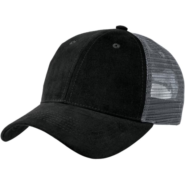 A black premium soft mesh cap with a grey mesh back and a curved brim, featuring a logo on the front.