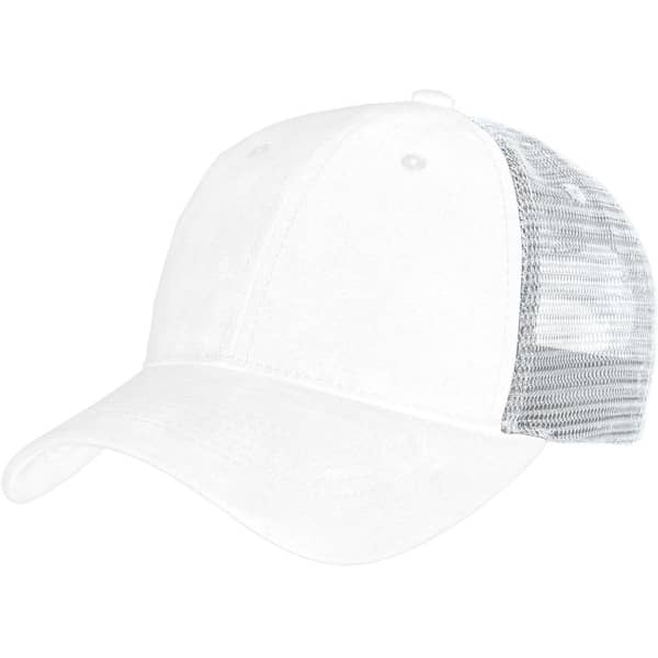 A white cap with a soft mesh back, featuring a classic trucker design and a logo on the front.