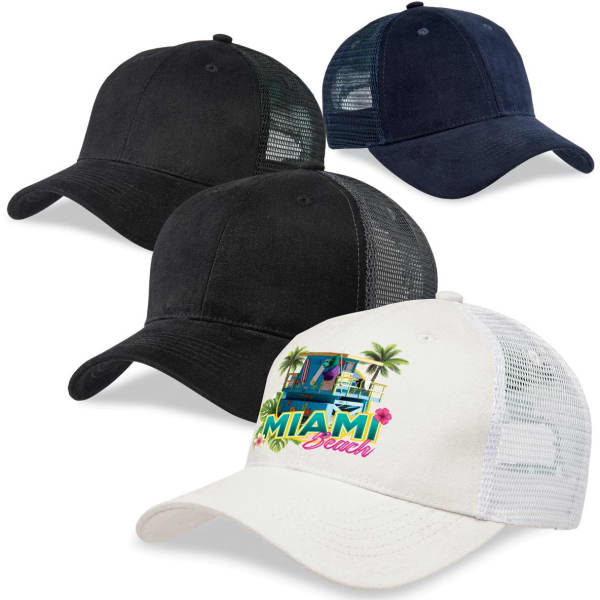 Premium soft mesh caps in black, navy, and white with a graphic design and logo on the front of the white cap.