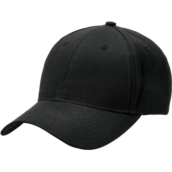 A black polycotton cap with a curved brim and six-panel design. It includes a logo on the front.