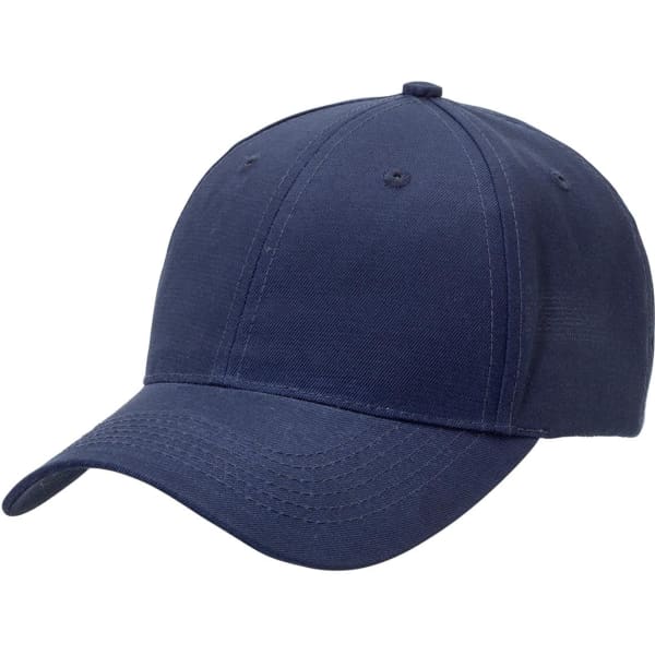 A navy blue cap featuring a structured design and a curved brim. It has a logo on the front.