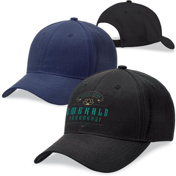 A collection of three caps in navy blue and black, featuring a logo on one of the black caps.