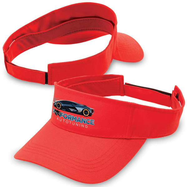A red visor with an adjustable strap and a logo featuring a stylised car. The design is simple and sporty.