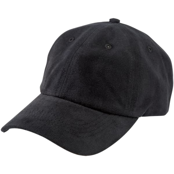 A black brushed cotton chino cap featuring a curved peak and six ventilation eyelets, with a logo present.