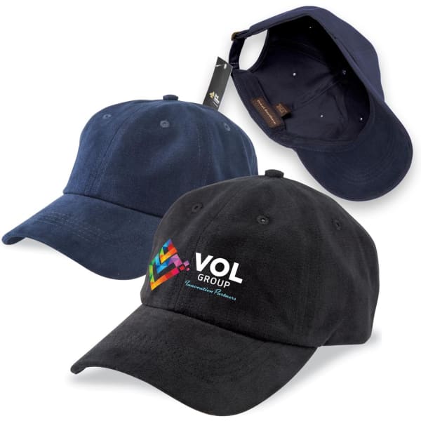 A navy and a black brushed cotton chino cap, featuring a logo on the front, with a view of the interior.