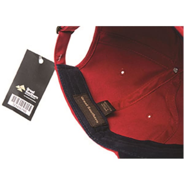 A red and navy cap featuring an inner lining tag and a price tag attached.