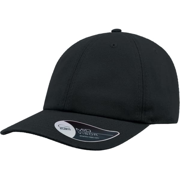 A black Dad Hat with a mid visor and an attached logo on the side.