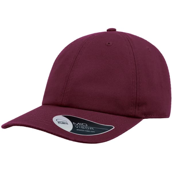 A maroon dad hat with a curved visor and an adjustable strap featuring a logo on the side.