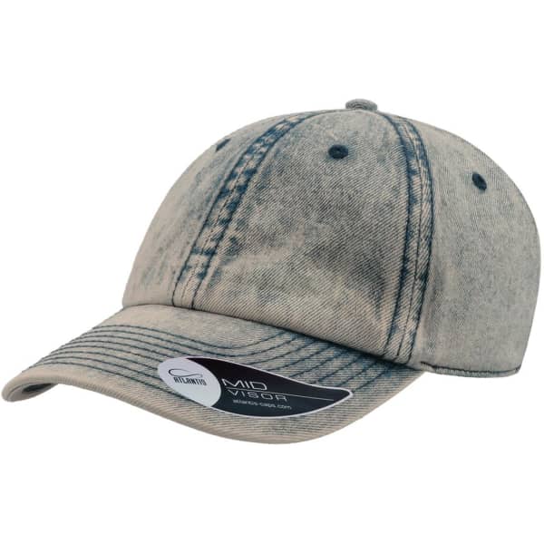 A beige denim dad hat with a curved brim and a logo on the side. The fabric has a faded appearance.