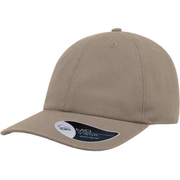 A khaki Dad Hat featuring a curved visor and a logo on the side, designed for casual wear.