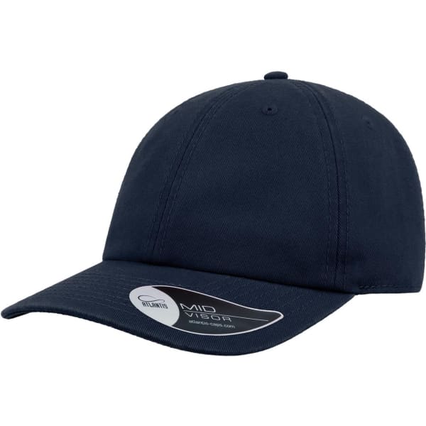 A navy blue dad hat with a curved brim and a logo on the front.