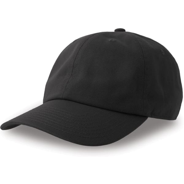 A black dad hat made from organic and recycled cotton, featuring a curved brim and an adjustable strap at the back.