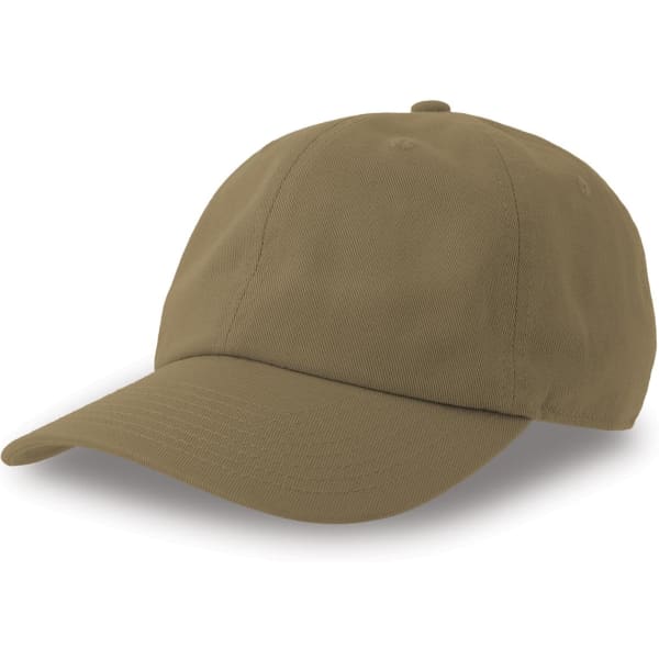 A khaki dad hat made from organic and recycled cotton, featuring a curved brim and a logo.