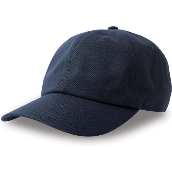 A navy blue dad hat made from organic and recycled cotton, featuring a logo on the front.