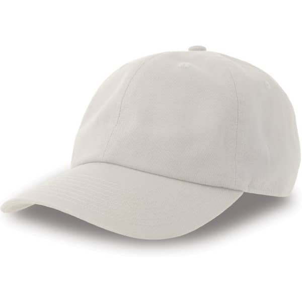 A light grey cap made from organic and recycled cotton, featuring a logo on the front.