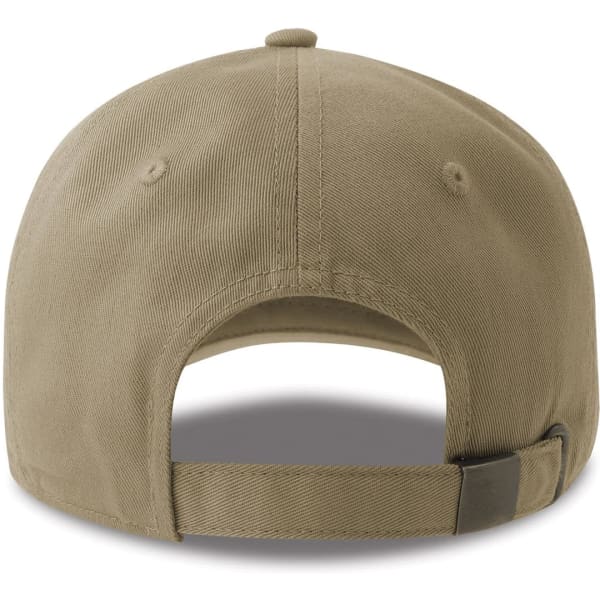 A khaki Dad Hat-S made from organic and recycled cotton, featuring a branded logo on the back.