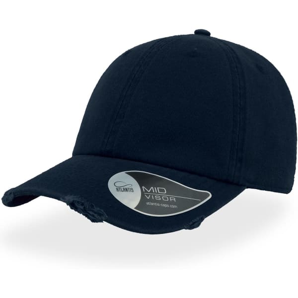 A navy blue cap with a damaged brim, featuring a logo on the side.