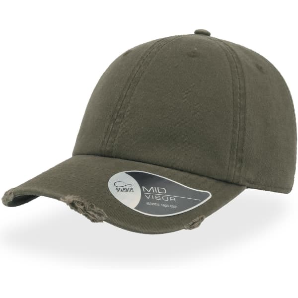 An olive green cap with a distressed appearance, featuring a mid-visor and a logo on the side.