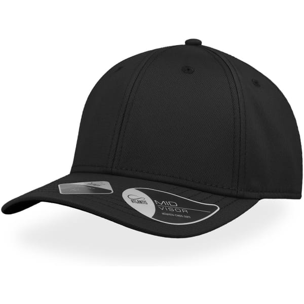 A black cap with a curved brim and a fitted design, featuring a logo on the side.