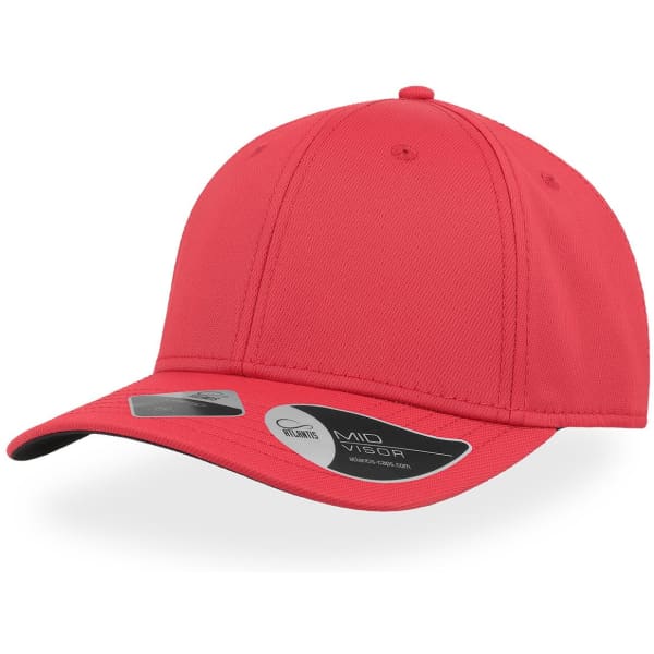 A red cap with a mid visor and a branding logo. The fabric appears textured and durable.