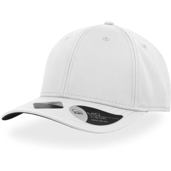 A white cap with a mid visor, featuring a branding logo on the side.