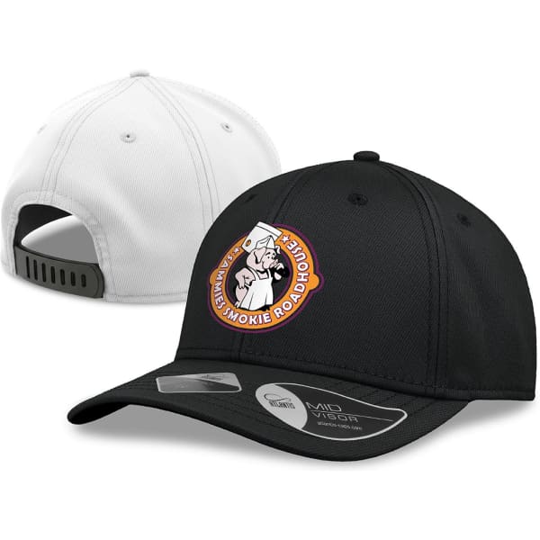 A black cap with a logo on the front and a white underside. The back features a snap closure.