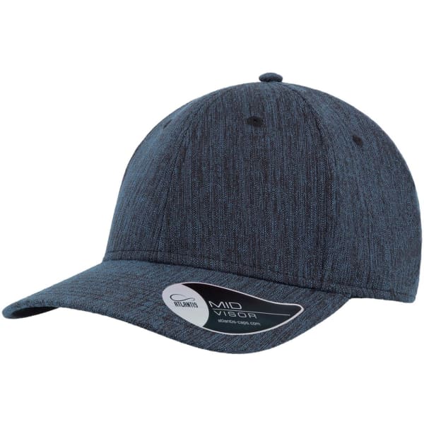 A cap in a textured dark blue fabric with a curved brim and a logo on the side.
