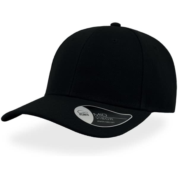 A black cap with a mid visor and a logo on the side.