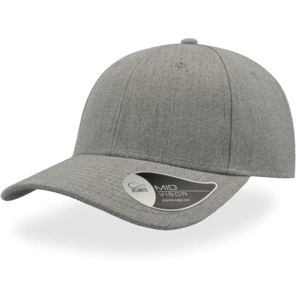 A grey cap with a mid visor, featuring a logo on the side.
