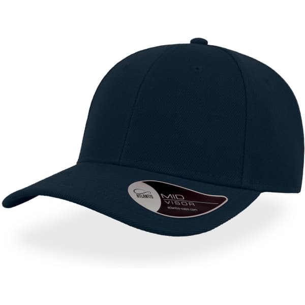 A navy blue cap with a mid visor and a logo on the side.