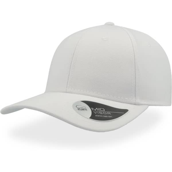 A white cap with a mid visor and a logo on the side.