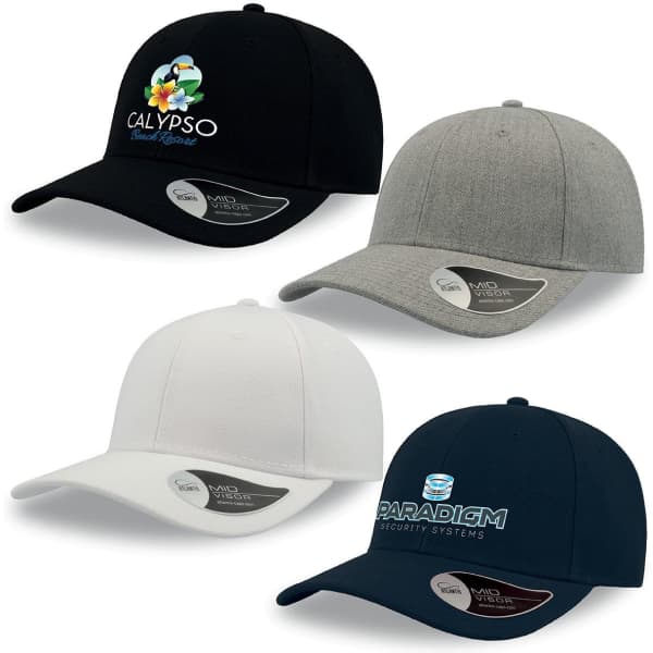 Four caps in black, grey, white, and dark blue, featuring logos and a smooth design.