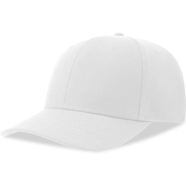 A white baseball cap made from recycled polyester, featuring a structured design and a logo.