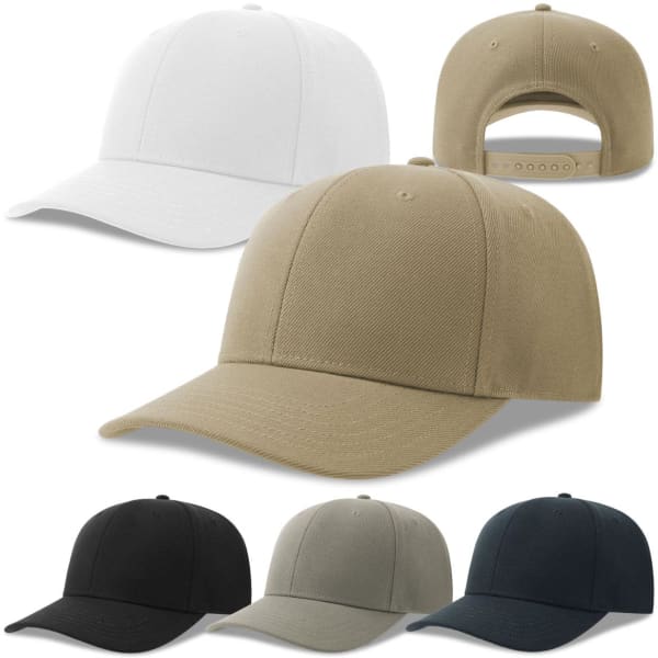 A collection of caps in white, tan, black, grey, and navy, featuring adjustable straps and a logo.