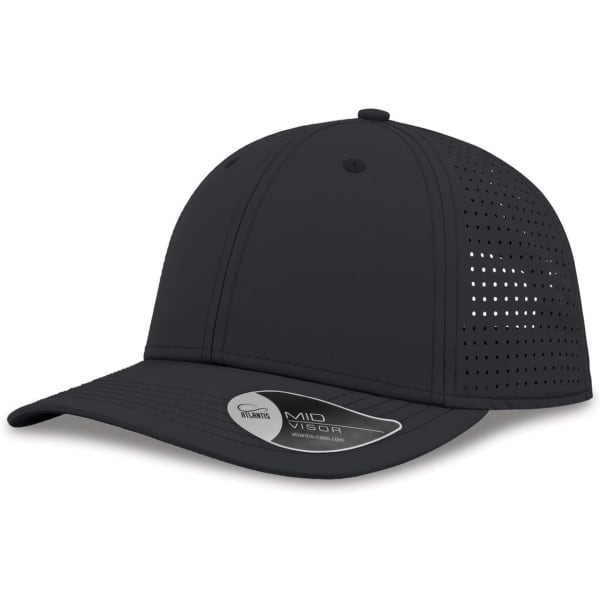 A black cap featuring perforated detailing on the sides, with a curved peak and an adjustable fit.
