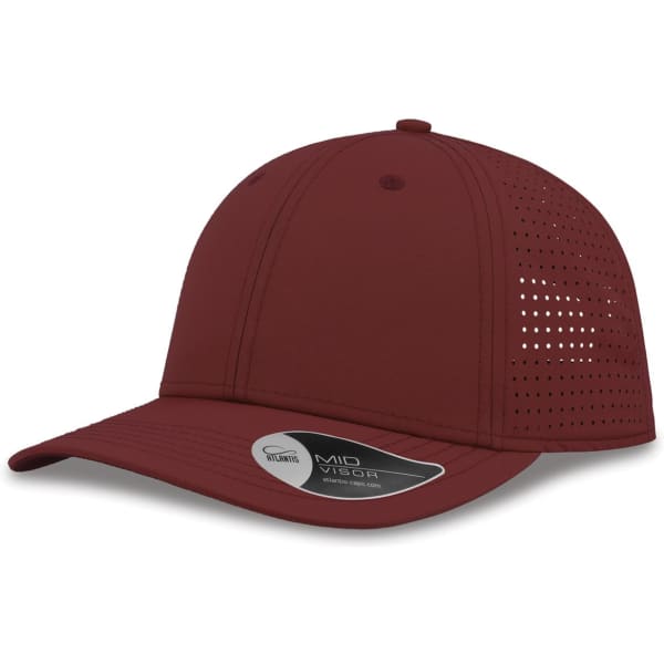 A maroon cap with perforated panels and a curved visor, featuring a logo on the side.