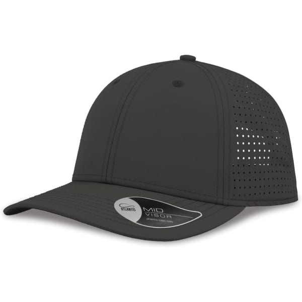 A dark grey cap featuring perforated sides and a curved brim, with a logo on the tag.